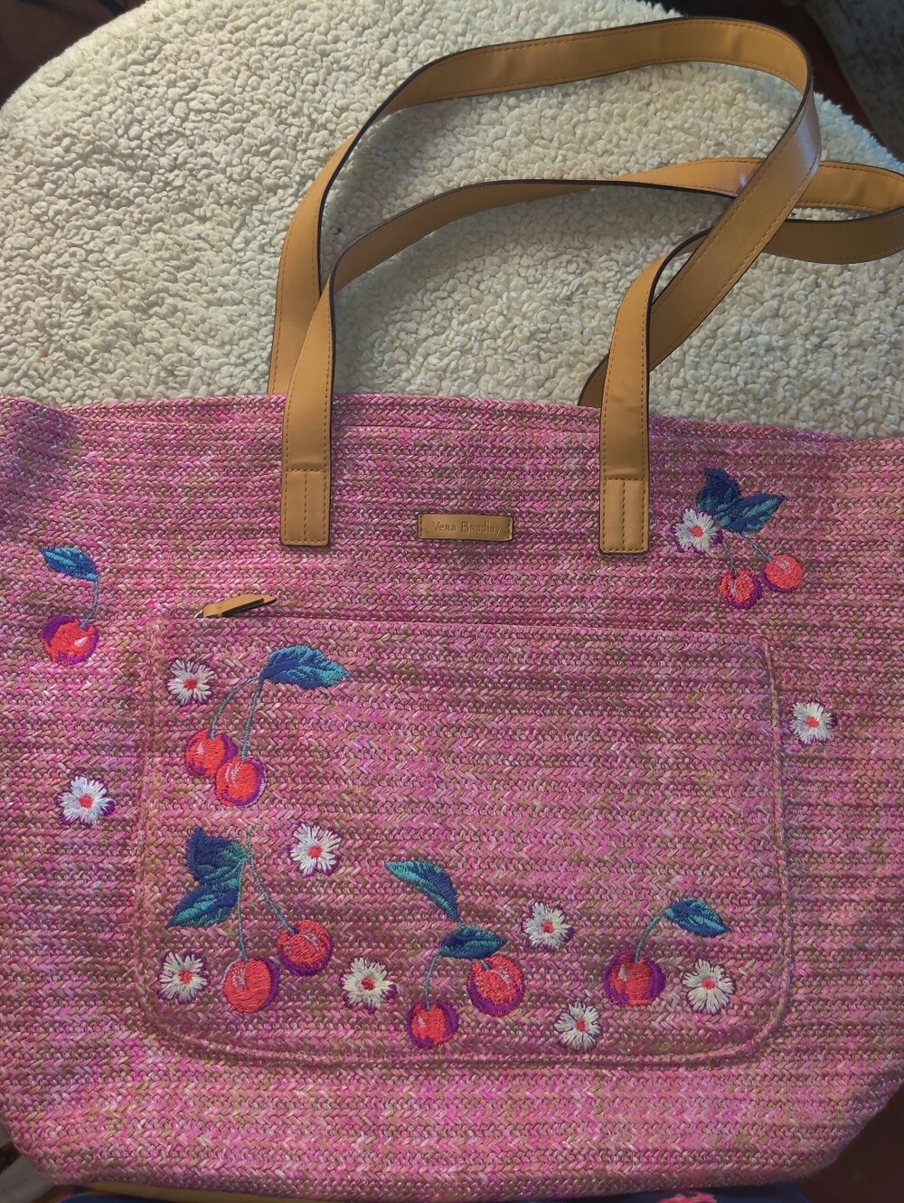 Vera Bradley "Pink Cherry" Front Pocket Straw XL Tote